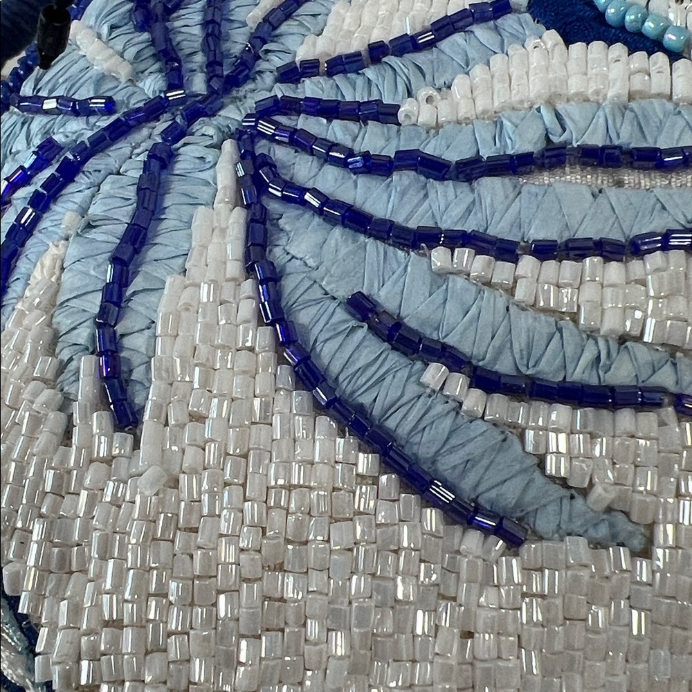 Hand-Beaded Blue & White Tropical Bird Resort Tote | Coastal Chic Like New - Picture 7 of 15